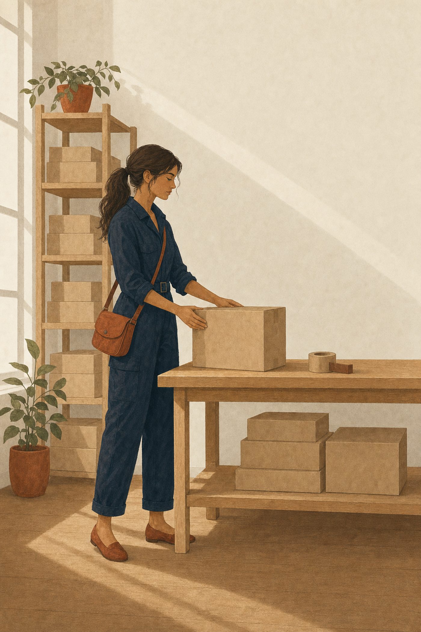 Une entrepreneuse prépare un colis dans son entrepôt