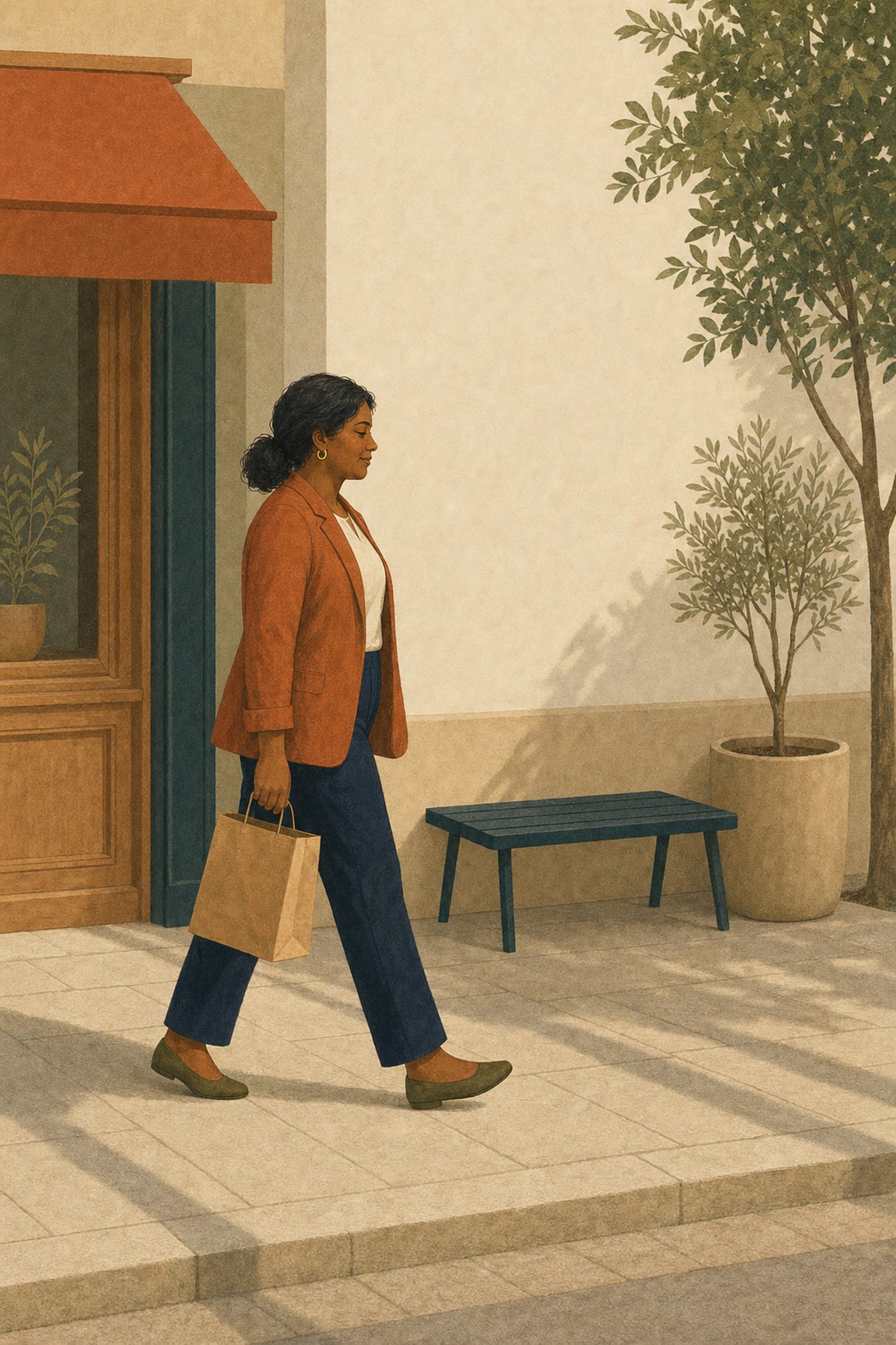 Une femme marche dans la rue, un sac à la main