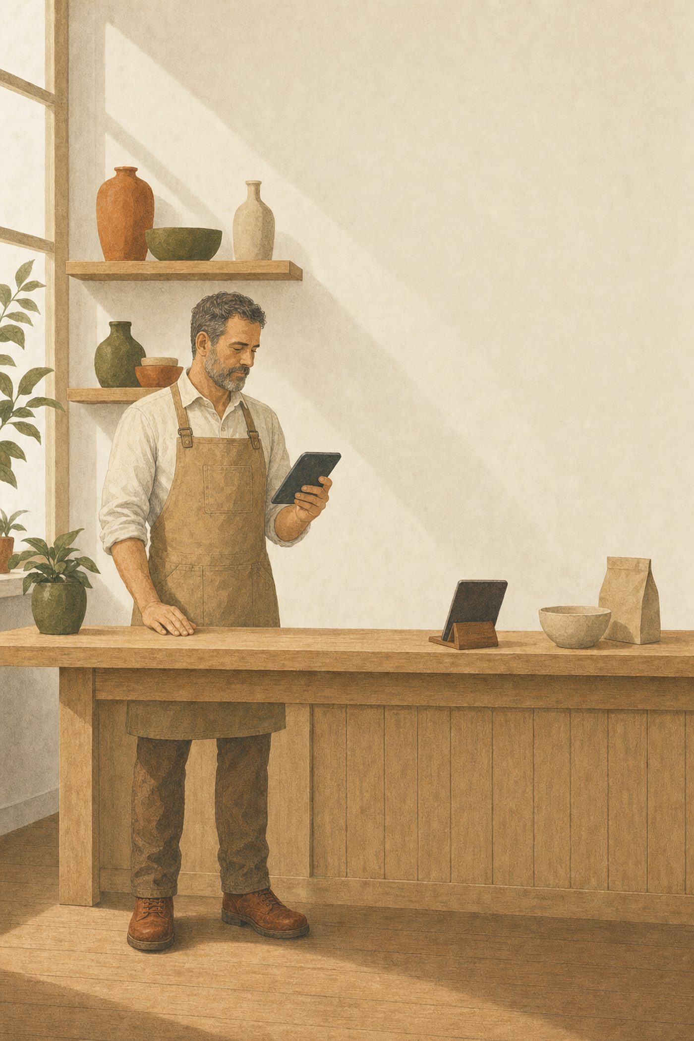 Illustration de marque : un artisan en tablier consulte une tablette derrière le comptoir de son atelier.