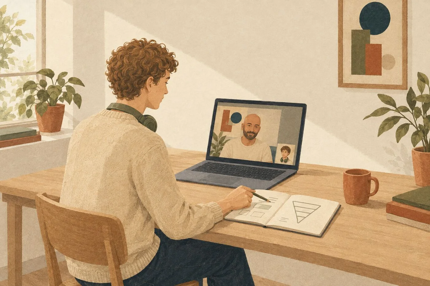 Un apprenant en visio avec son mentor, un carnet de notes ouvert sur le bureau